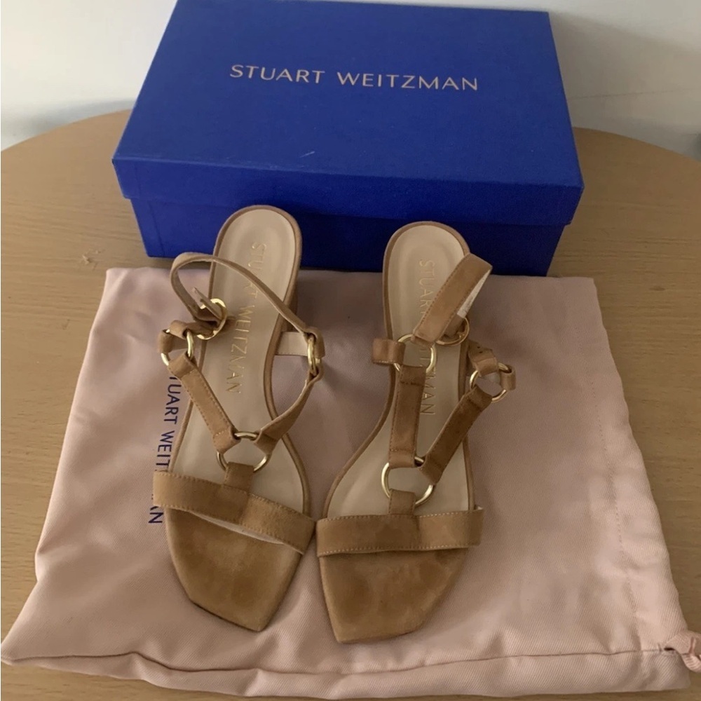 Stuart Weitzman Tan Suede T-Strap Sandals Lalita 75 Block Heel Sandals